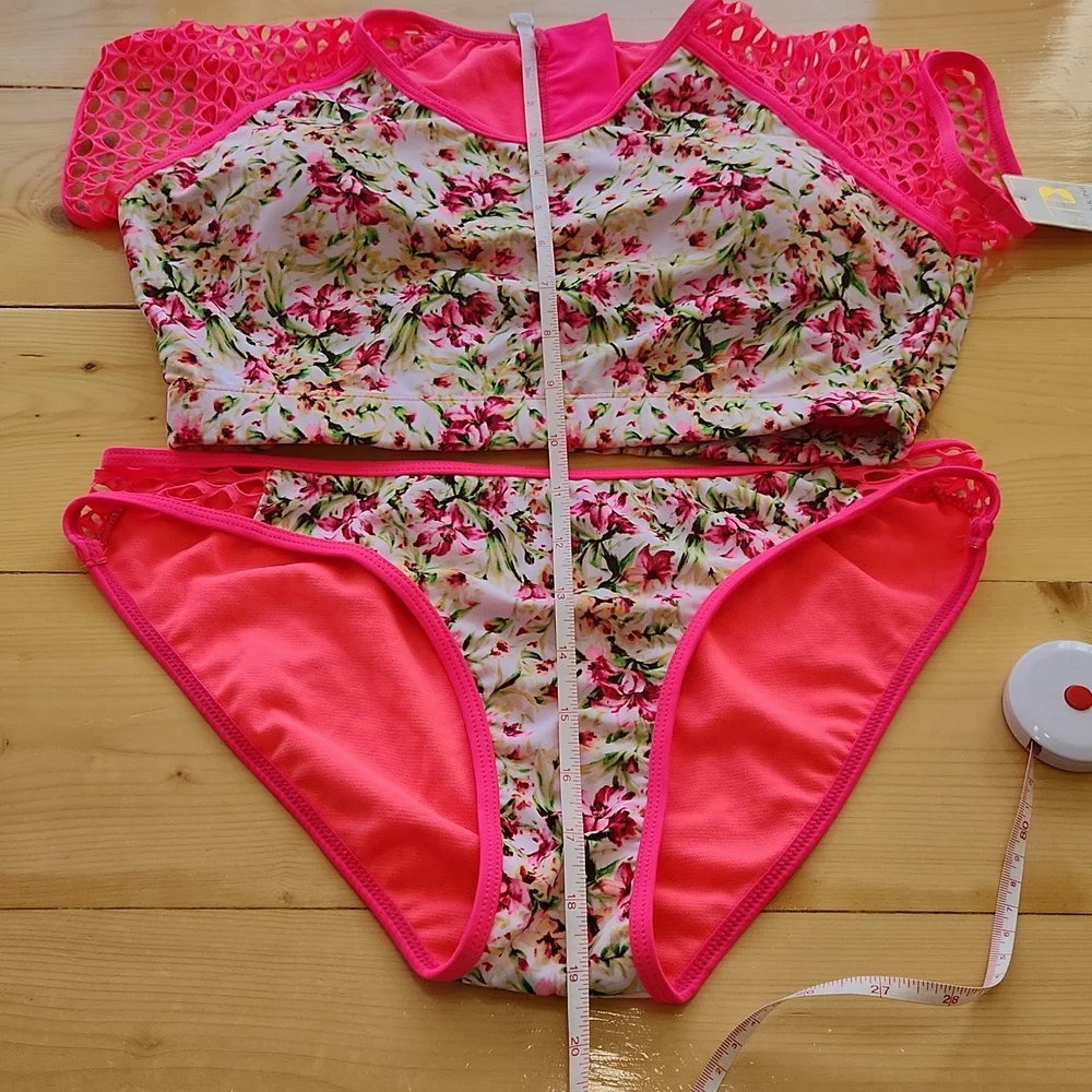 TINIBIKINI Swimwear 2 Pc Swimsuit Crop Top And Bottom Neon Floral M - Picture 12 of 12